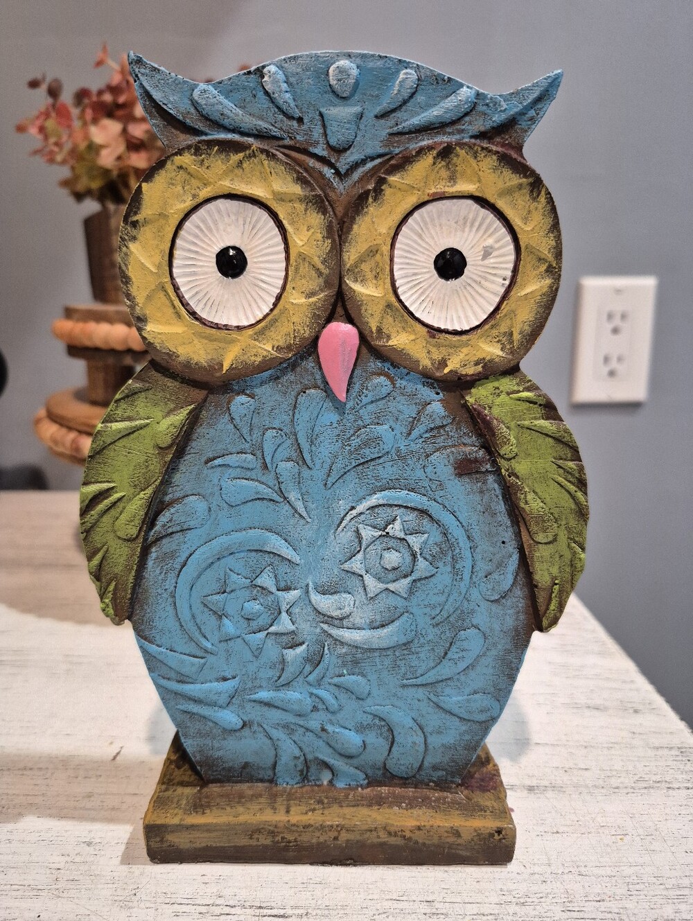 Vintage Style Blue Resin Owl Garden Statue Figurine - Boho Decor